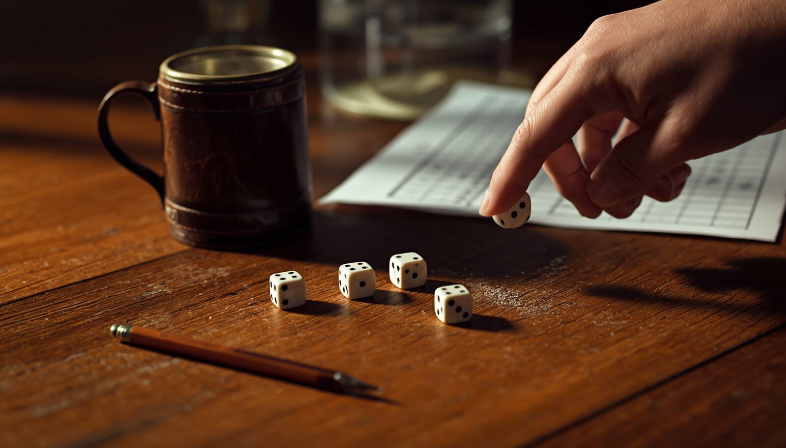 Mão jogando dados de General sobre uma mesa de madeira com caneco de couro e cartela de pontuação