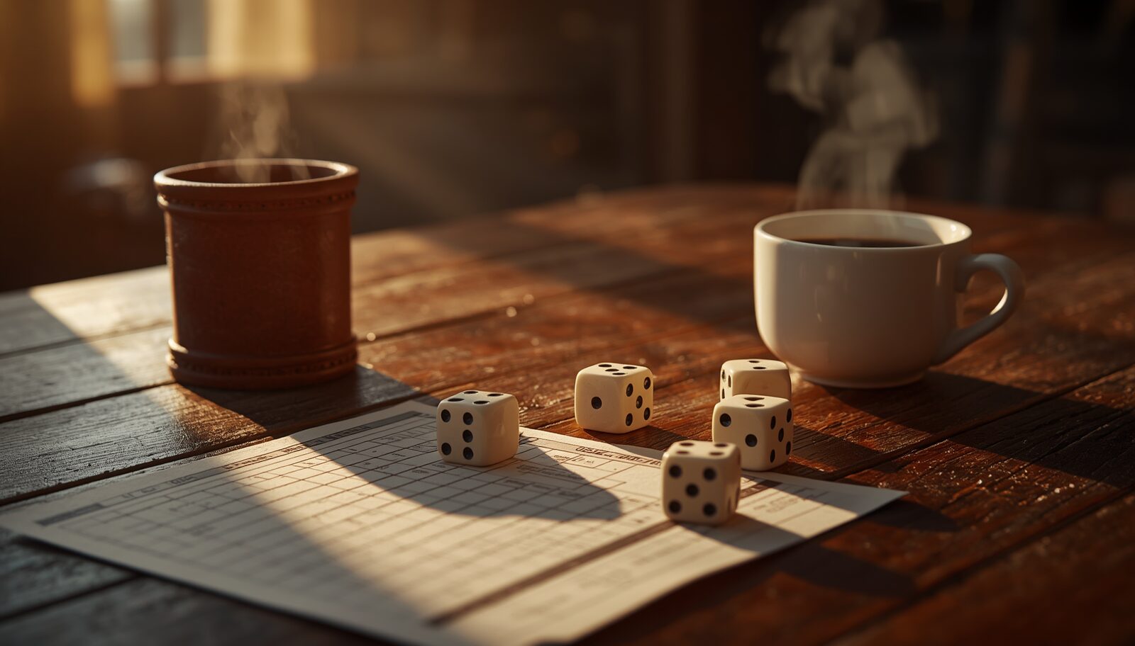 Mesa rústica com copo de couro, cinco dados, xícara de café e folha de pontuação do jogo General